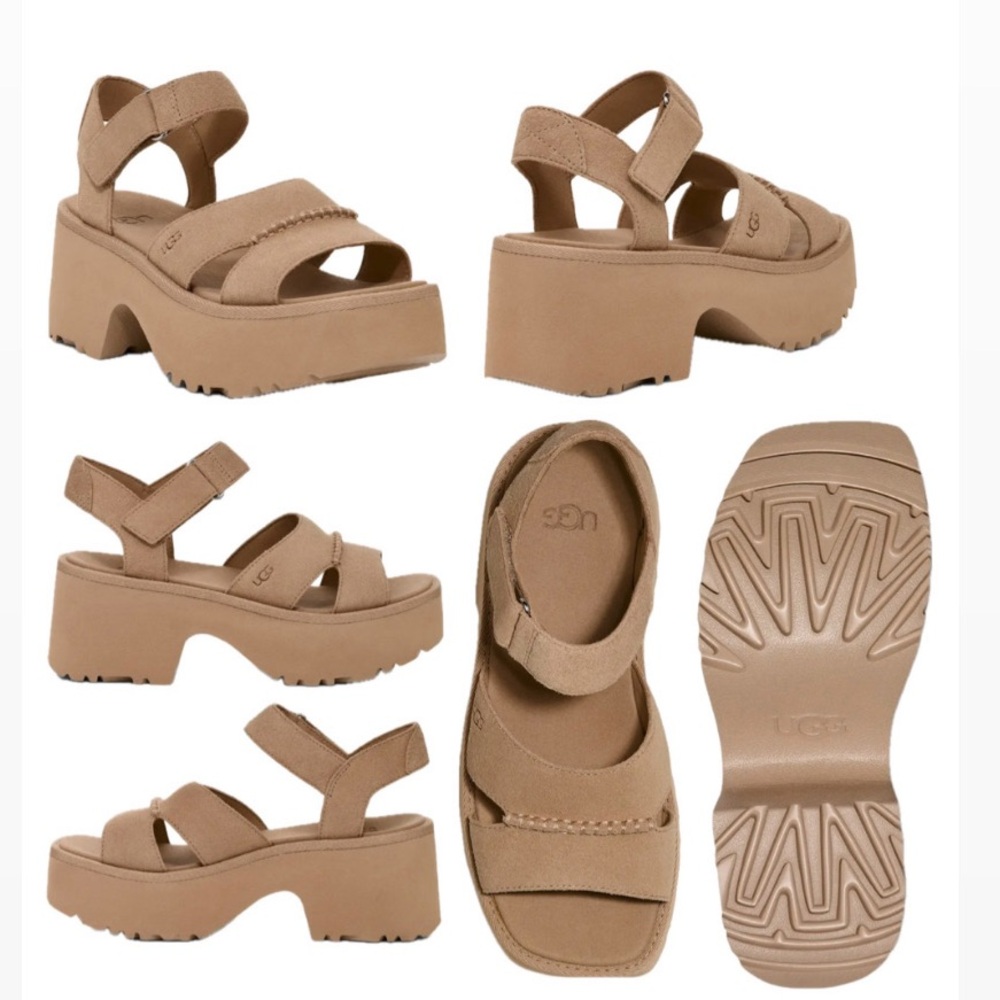 (SOLD) UGG WOMEN 8 NEW HEIGHTS PLATFORM SANDAL IN MUSTARD SEED NWOB CUSHIONED